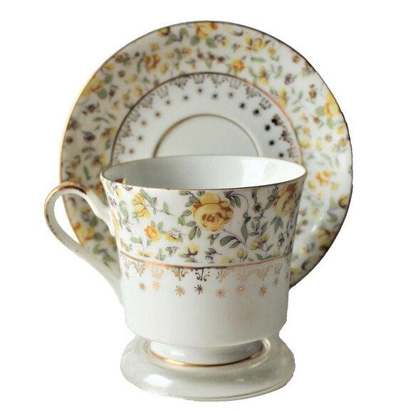Vintage Choice Japan Souvenir San Simeon Footed Teacup & Saucer Yellow Floral - Picture 1 of 9